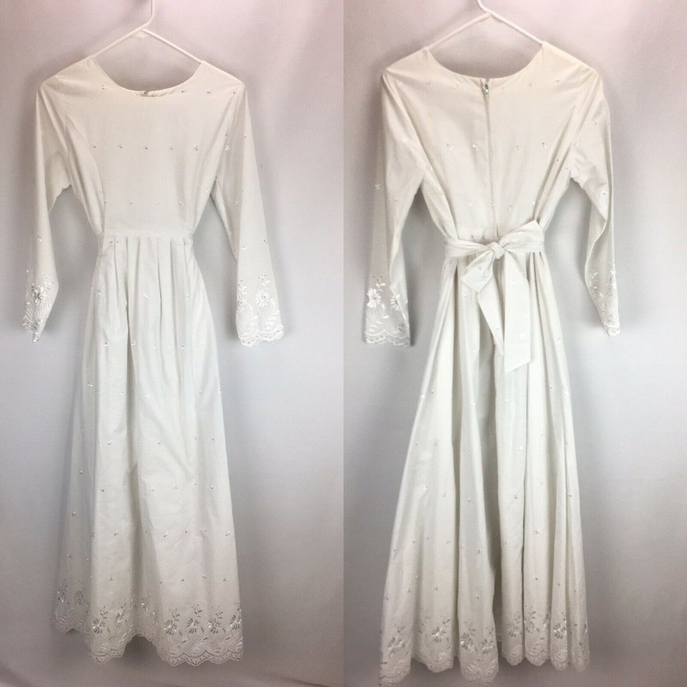 Vintage Handmade Eyelet Embroidered Wedding Dress S/M - Picture 3 of 10